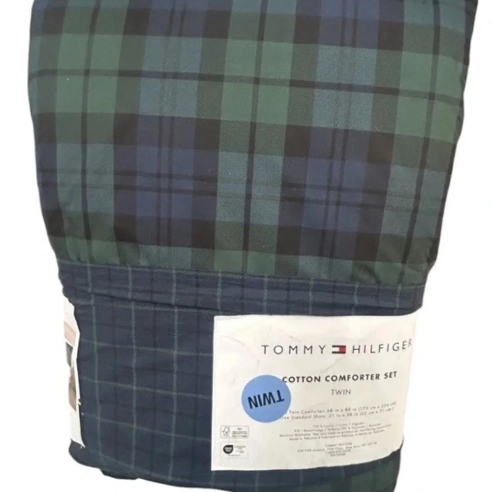 Tommy Hilfiger Green and Blue Plaid Twin Cotton Comforter Set 68”x88”